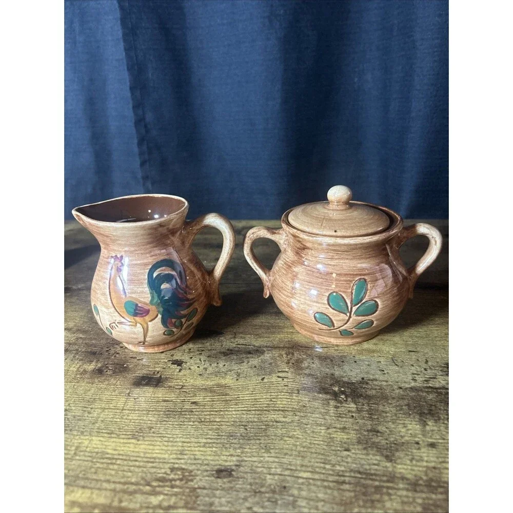 Pennsbury Pottery Rooster Cups Creamer Sugar Bowl Country Farmhouse Vintage Set